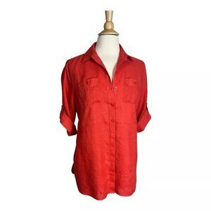 Chico's Linen Shirt Tunic 1 M 8 Button Front Orange Pockets 1/2 Sleeve Roll Tab